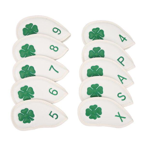 10 PCS Golf Club Head Covers Four Leaf Clover Pattern PU Waterproof Delicate Golf Iron Covers Set for Most Clubs White