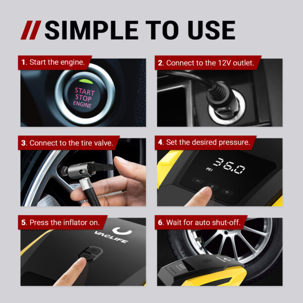 VacLife Air Compressor Tire Inflator, DC 12V Portable Air Compressor For Car Tires, Auto Tire Pump With LED Light, Digital Air Pump For Car Tires, Bicycles And Other Inflatables - Image 10